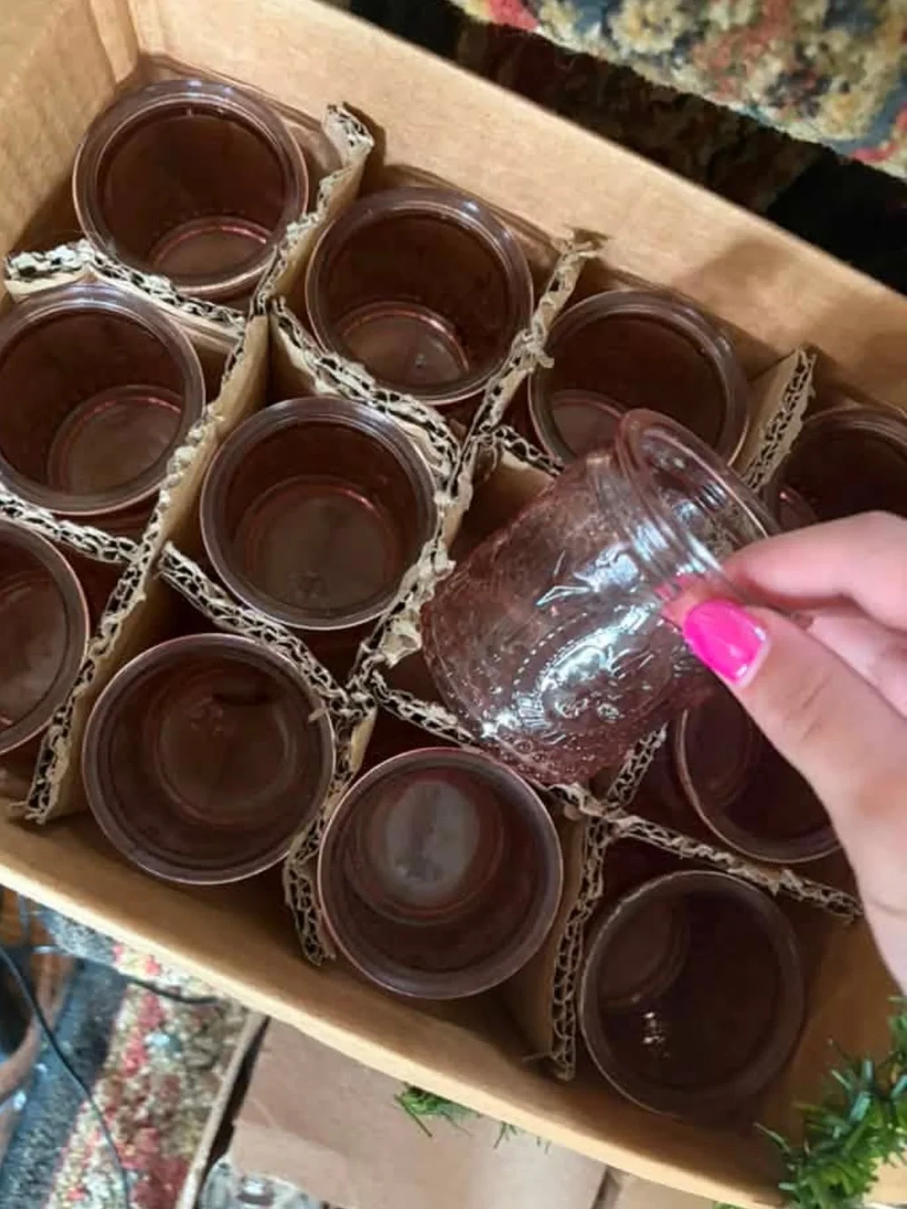 12 Pink Decorative Glass Votive candle Jars with Fleur-de-Lis Accent